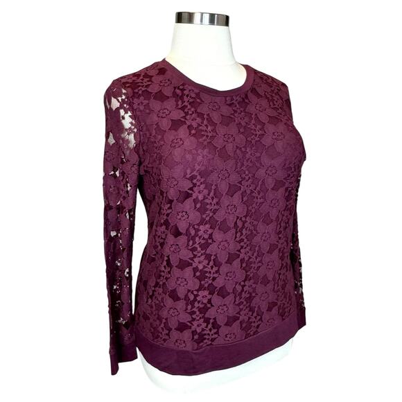 Adrianna Papell Lace Overlay Crew Neck Long Sleeve Top in Merlot Women's Large - Picture 12 of 15
